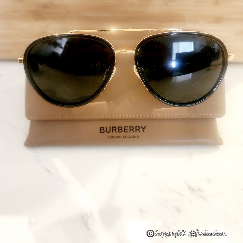 Burberry Gold and Black Aviator Sunglasses